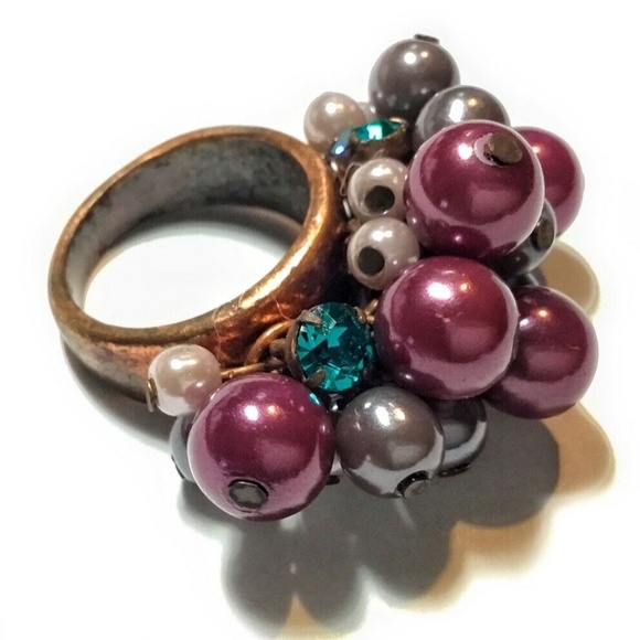 Copper Ring with Moving Faux Colored Pearls & Rhinestones - Picture 1 of 2